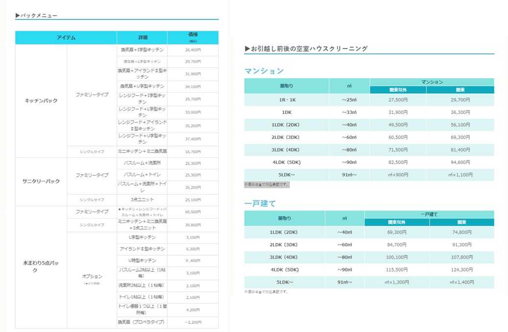 ハウスクリーニングのオンの料金